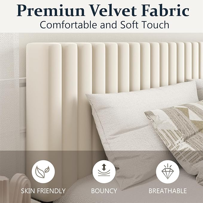 Full Size Platform Bed Frame with Velvet Upholstered Headboard, Full Bed Frame with Strong Wood Slats, Mattress Foundation, Box Spring Optional, Easy Assembly, Beige