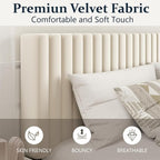 Full Size Platform Bed Frame with Velvet Upholstered Headboard, Full Bed Frame with Strong Wood Slats, Mattress Foundation, Box Spring Optional, Easy Assembly, Beige