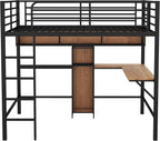 Full Size Metal & Wood Loft Bed with L -Shaped Desk and Shelves,Bedroom Multifuncational Bed Frame w/Guardrails & No Box Spring Required,for Adult Kid Boy Girl,Black+Brown