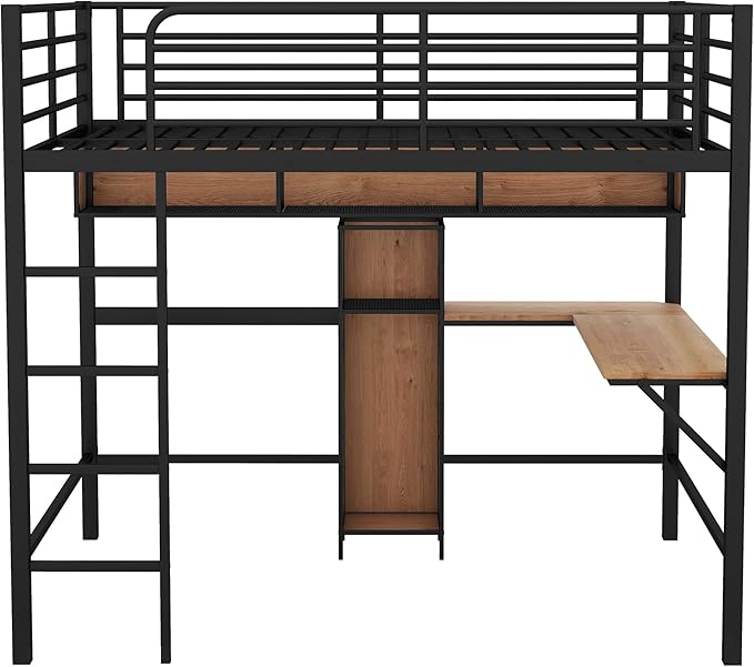 Full Size Metal & Wood Loft Bed with L -Shaped Desk and Shelves,Bedroom Multifuncational Bed Frame w/Guardrails & No Box Spring Required,for Adult Kid Boy Girl,Black+Brown