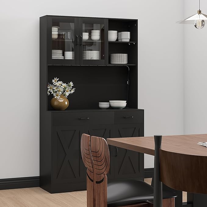 71" Kitchen Pantry Cabinet: Hutch Cabinet with Glass Doors, Pantry Cabinets with Drawers, Adjustable Shelves, LED Light & Power Outlets for Kitchen, Living Room, Dining Room (Black)