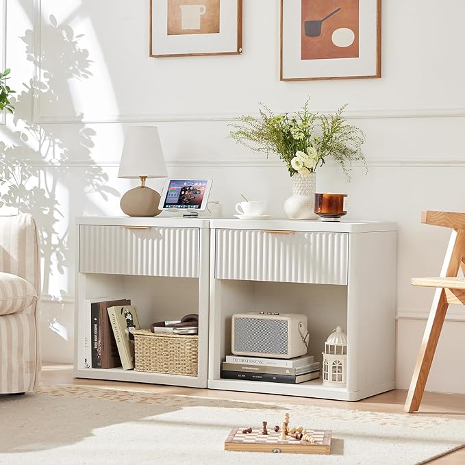 LEYAOYAO Fluted Farmhouse Nightstand Set of 2 with Charging Station, 23" Wide 1 Drawers End Table,White Dresser for Bedroom,Bed Side Table Chest of Drawers Cabinet,Wood Night Stand for Living Room