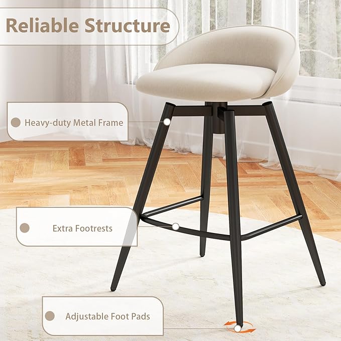COSTWAY Bar Stools Set of 2, 25" Upholstered Counter Height 360° Swivel Bar Stools w/Backrest & Footrest, Heavy-Duty Metal Frame Armless Breakfast Chairs for Kitchen, Living Room (Set of 2,Beige)