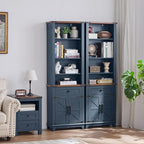 72in Tall Bookshelf 7 Tier Bookcase with Drawer and Barn Doors and Adjustable Shelves, Blue Farmhouse Book Shelf with Storage Cabinet, Wood Freestanding Display Bookshelves for Kitchen (4PCS)