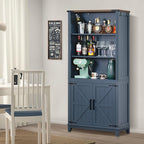 70in Tall Bookshelf 5 Tier Bookcase with Barn Doors and Adjustable Shelves, Blue Farmhouse Book Shelf with Storage Cabinet, Wood Freestanding Display Bookshelves for Bedroom, Kitchen (2PCS)