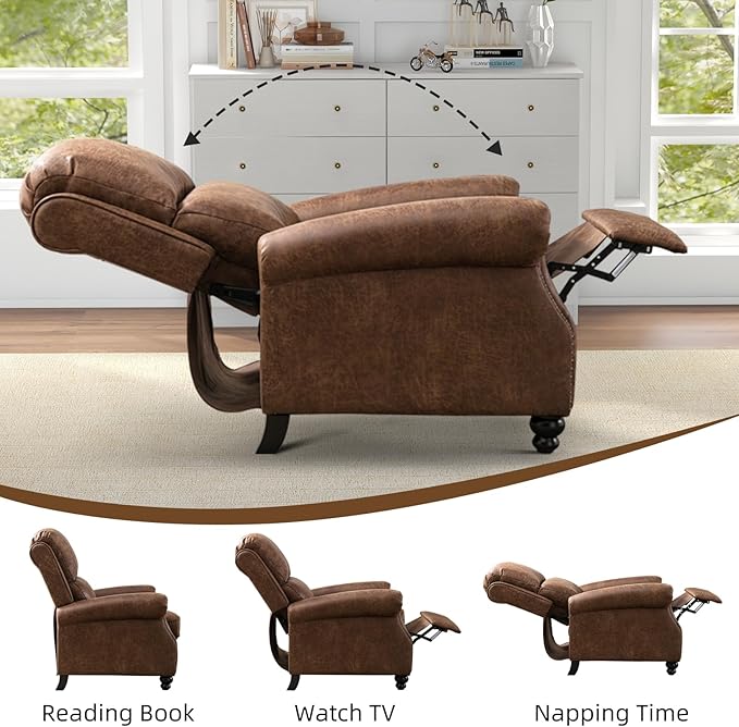 Push Back Recliner Chair Faux Leather Lounge Armchair with Rivet Decoration Wingback Single Sofa Chair with Padded Seat Solid Wood Legs for Living Room, Comfy Upholstered Set of 2, Chocolate