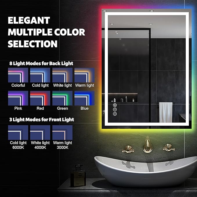 Awoco LED Bathroom Mirror, 24" x 32" Vanity Mirror with 8 Colors RGB Backlit and 3 Colors Front Light, Dimmable Anti-Fog Lighted Mirror, Memory Function, Mirror for Bathroom Wall