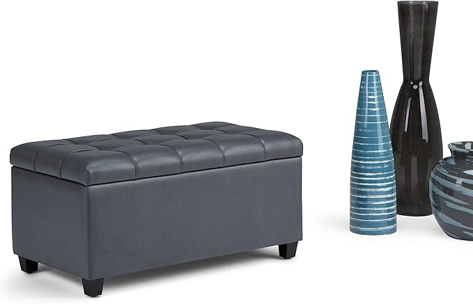 SIMPLIHOME Sienna 33 inch Wide Transitional Rectangle Storage Ottoman Bench in Stone Grey Vegan Faux Leather, Assembled, For the Living Room, Entryway and Family Room