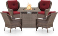 Outdoor Patio Chairs with Fire Pit Table 5 Piece Set - High Back Brown Wicker Rattan Lawn Chair with Thick Cushion for Porch Apartment Deck Yard Poolside Garden - Red