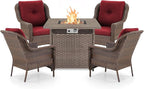 Outdoor Patio Chairs with Fire Pit Table 5 Piece Set - High Back Brown Wicker Rattan Lawn Chair with Thick Cushion for Porch Apartment Deck Yard Poolside Garden - Red