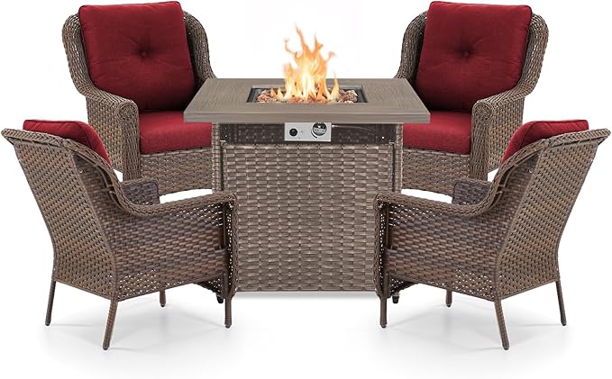 Outdoor Patio Chairs with Fire Pit Table 5 Piece Set - High Back Brown Wicker Rattan Lawn Chair with Thick Cushion for Porch Apartment Deck Yard Poolside Garden - Red