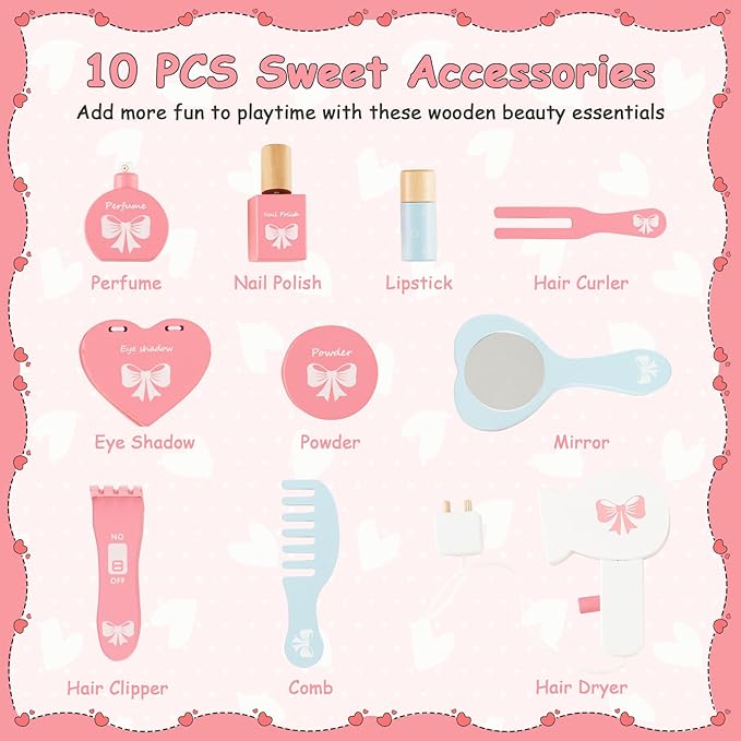 HONEY JOY Kids Vanity, Toddler Wooden Makeup Vanity Table & Chair Set, 10 Pcs Pretend Play Dressing Accessories Toy, Tri-Fold Princess Mirror, Little Girls Vanity Set with Mirror and Stool, White