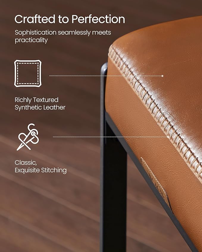 VASAGLE EKHO Collection - Bar Stool, Counter Height Bar Stool, Synthetic Leather with Stitching, Mid-Century Modern Counter Barstool, 26-Inch Tall, Kichen Home Bar Dining Room, Caramel Brown