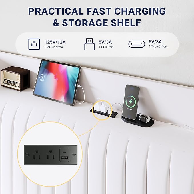 Allewie King Size Platform Bed Frame with USB Charging Station and Storage Shelf/Upholstered Velvet Wingback Headboard/Wooden Slats Support/No Box Spring Needed/Easy Assembly, White