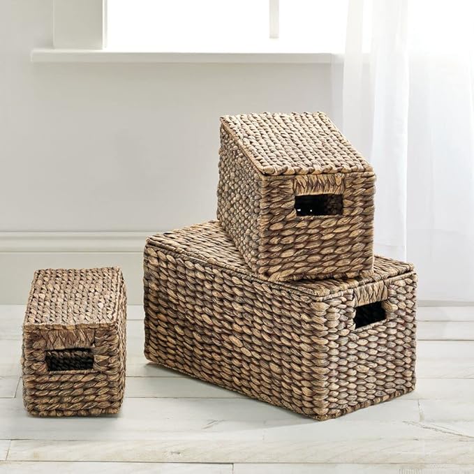 mDesign Woven Water Hyacinth Rectangle Storage Organizer Basket Bin with Topper Lid and Handles - Natural Farmhouse Holder Containers for Closet, Bedroom, Bathroom, Office - Set of 3 - Dark Brown