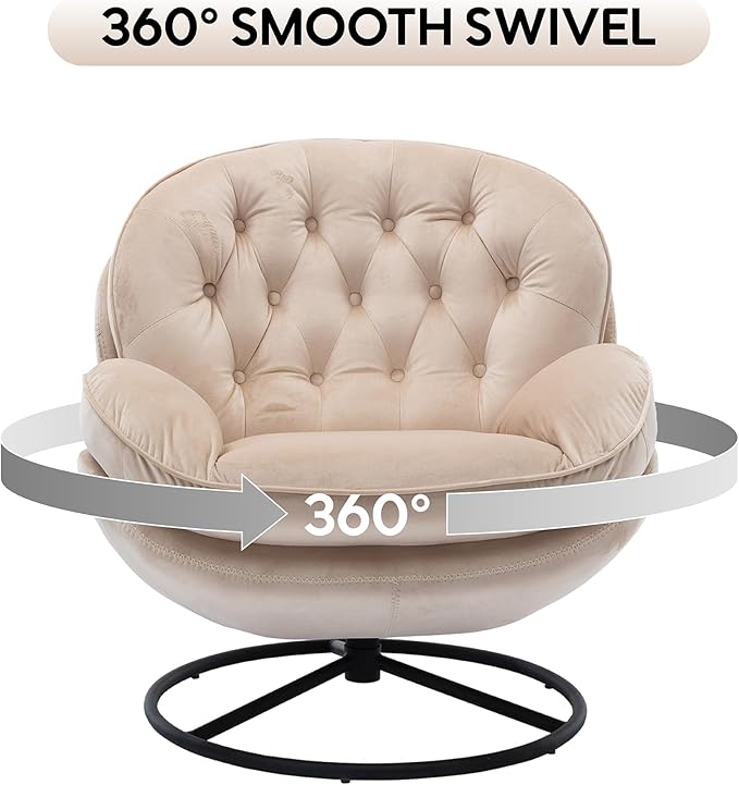 Set of 2 360° Swivel Modern Velvet Accent Chair with Ottoman | Mid-Century Button Tufted Lounge Chair for Living Room & Bedroom, Beige