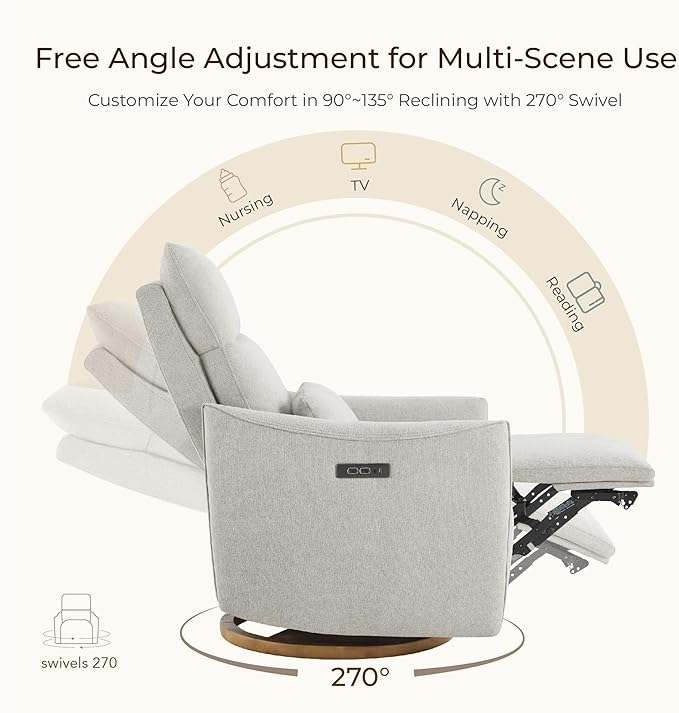 CHITA Swivel Rocker Recliner Chair, Power Nursery Glider Recliner, Nursery Rocking Chair with Adjustable Power Headrest, FSC Certified, Solid Wood Base, Crockery (Gray)