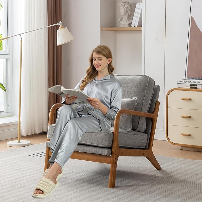 Mid-Century Accent Chair Set of 2,Linen Fabric Lounge Chair with Wide Armrest,Linen Fabric Armchair withLumbar Pillow & Solid Wood Frame for Living Room, Bedroom, Balcony(Light Gray)