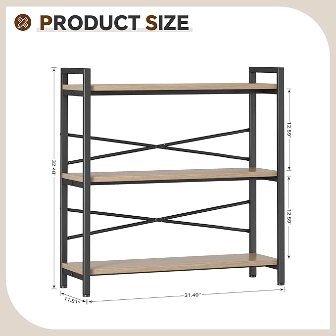 Book Shelf, 3 Tier Bookshelf 31.49" Width, Book Shelf Storage and Organization, Wooden and Metal Industrial Bookcase, Large Book Shelves for Home Living Room Bedroom Office Storage(Light Coffee)