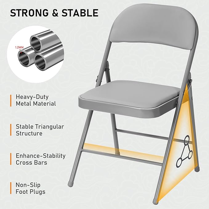 SEALAMB 6 Pack Grey Folding Chairs with Padded Seats & Cushion, Durable Metal Foldable Chairs for Wedding Party, Commercial Chairs for Office School Church Events, 330lb Capacity (Grey-PU, 6 Pack)