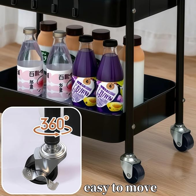 2 Tier Metal Rolling Utility Cart with Wheels Under Desk Storage Cart with Handle, Roll Around Organizer Trolley for Small Space Pantry Bathroom Home Kitchen Office Snack Baby Supplies, Black