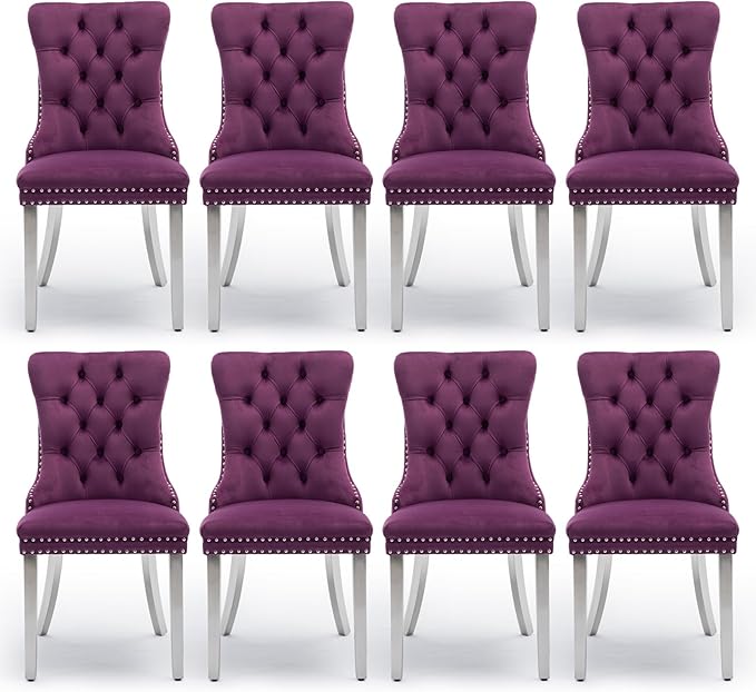 Velvet Upholstered Dining Chairs Set of 8, Modern Kitchen Side Chairs with Nailhead Trim and Silver Plated Leg, Metal Pulling Ring for Dining Room Living Room(Purple-Silver Plated Leg)