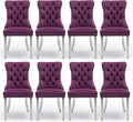 Velvet Upholstered Dining Chairs Set of 8, Modern Kitchen Side Chairs with Nailhead Trim and Silver Plated Leg, Metal Pulling Ring for Dining Room Living Room(Purple-Silver Plated Leg)