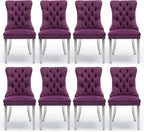 Velvet Upholstered Dining Chairs Set of 8, Modern Kitchen Side Chairs with Nailhead Trim and Silver Plated Leg, Metal Pulling Ring for Dining Room Living Room(Purple-Silver Plated Leg)