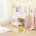 HONEY JOY Kids Vanity, Little Girls Vanity Set with Mirror and Stool and Lights, Wooden Princess Makeup Dressing Table, Storage Box & Shelf, Pretend Play Kids Vanity Table and Chair Set(White)