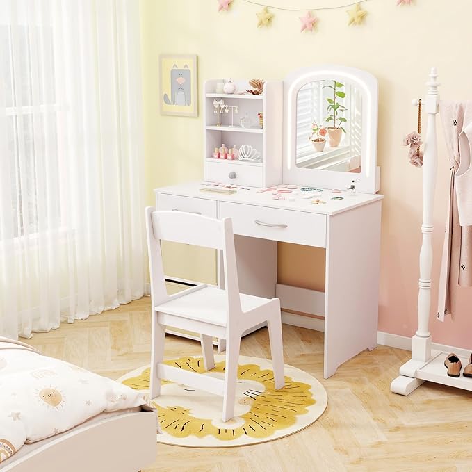 HONEY JOY Kids Vanity, Little Girls Vanity Set with Mirror and Stool and Lights, Wooden Princess Makeup Dressing Table, Storage Box & Shelf, Pretend Play Kids Vanity Table and Chair Set(White)