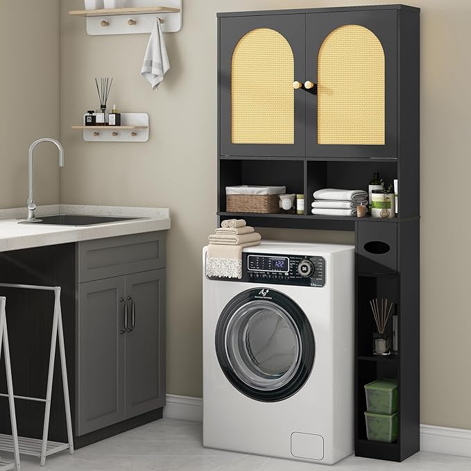 Vabches Rattan Toilet Storage Cabinet, Over Toilet Storage Wood Cabinet with 2 Doors & Toilet Paper Holder Stand, Bathroom Organizer Home Space Save Toilet Rack for Bathroom, Laundry, Restroom, Black