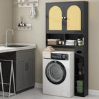 Vabches Rattan Toilet Storage Cabinet, Over Toilet Storage Wood Cabinet with 2 Doors & Toilet Paper Holder Stand, Bathroom Organizer Home Space Save Toilet Rack for Bathroom, Laundry, Restroom, Black