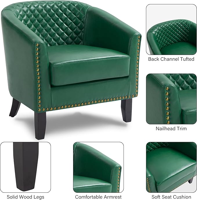 Pia Ricco Faux Leather Barrel Accent Chair, Modern Club Arm Chair Comfy Upholstered Single Sofa Chair with Solid Wood Legs and Nailhead Trim for Living Room/Reading Room (Green)