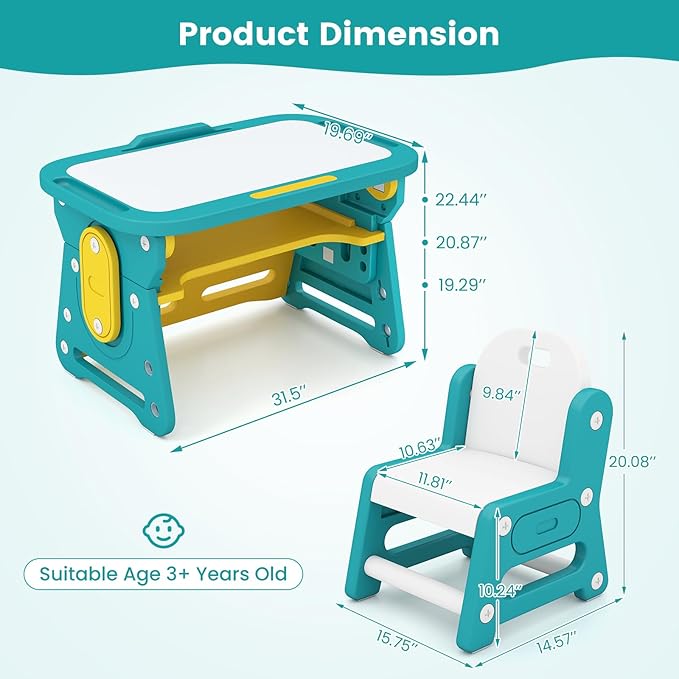 INFANS Kids Adjustable Table & Chair Set with Drawing Board for 3+, Toddler Activity Desk for Drawing with Storage Shelf, Non-Slip Pads, Watercolor Pens & Eraser, Indoor Art/Study Furniture (Green)