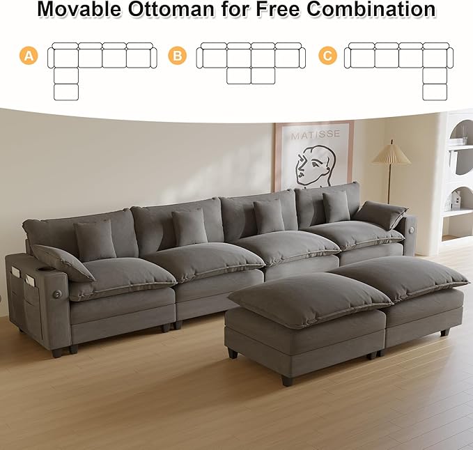 Cloud Couch, Modular Sectional Sofa with Ottoman, Charging Station, Throw Pillows, Cup Holders, Modern Convertible L Shaped Couches for Living Room, Bedroom (Grey, 152"- U Shape)
