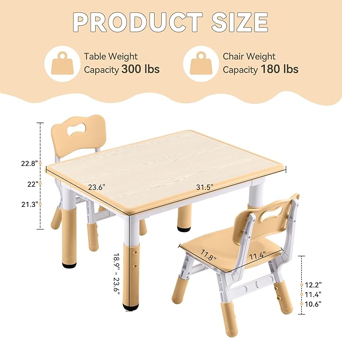 Kids Study Table and Chairs Set, Height Adjustable Toddler Table and Chair Set for Kids Ages 3-8, 31.5" L x 23.6" W Graffiti Desktop Plastic Children Art Table with 2 Seats, Brown