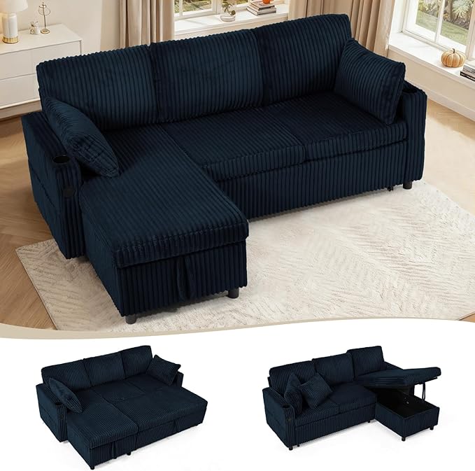 84" Corduroy Pull Out Sofa Bed w/Adjustable Backrests, Sectional L-Shape Sleeper Sofa w/Storage Chaise, Convertible Couch Bed w/USB Charging Port & Cup Holders for Living Room, House, Blue