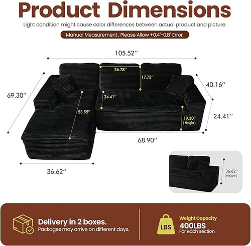 106" Oversized Couch Sofa, L Shape Couches for Living Room, No Assembly Required Corduroy Sectional Sofas with Left Facing Chaise for Home Apartment