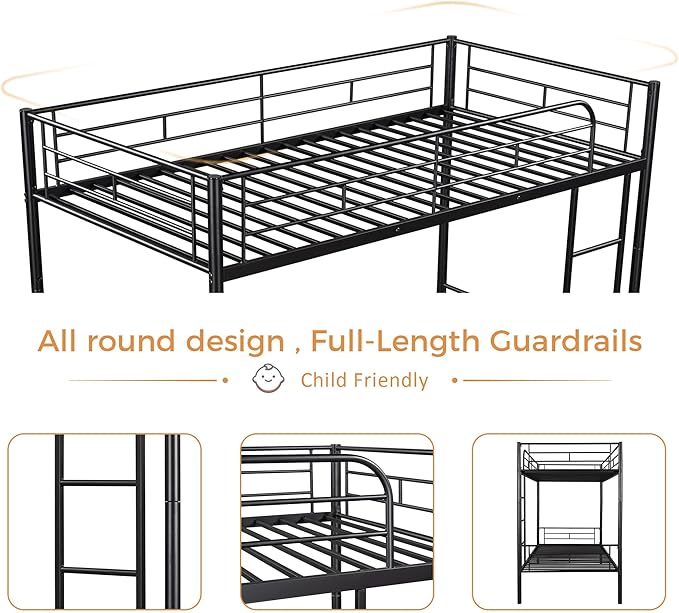 Merax Bunk Bed with Ladder and high Guardrail, Able to Split, Metal Bunk Bed, Storage Space, Noise Free,Twin Over Twin Size,Black