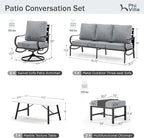 PHI VILLA 6 Piece Patio Furniture Sets with 1 x 3-Seat Deep Seating Bench, 2 x Cushioned Swivel Sofa Chairs, 1 x Coffee Table & 2 Ottoman, Outdoor Metal Conversation Set for Lawn Garden Yard,Grey