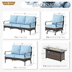 Sophia & William Patio Furniture Set with Fire Pit Table, 5 PCS Metal Outdoor Conversation Set with Fire Pit Table, 2 Sofa Chairs,1 Loveseat, 3-Seater Couch for Outdoor Seating, Backyard, Porch(Blue)