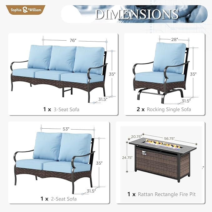 Sophia & William Patio Furniture Set with Fire Pit Table, 5 PCS Metal Outdoor Conversation Set with Fire Pit Table, 2 Sofa Chairs,1 Loveseat, 3-Seater Couch for Outdoor Seating, Backyard, Porch(Blue)