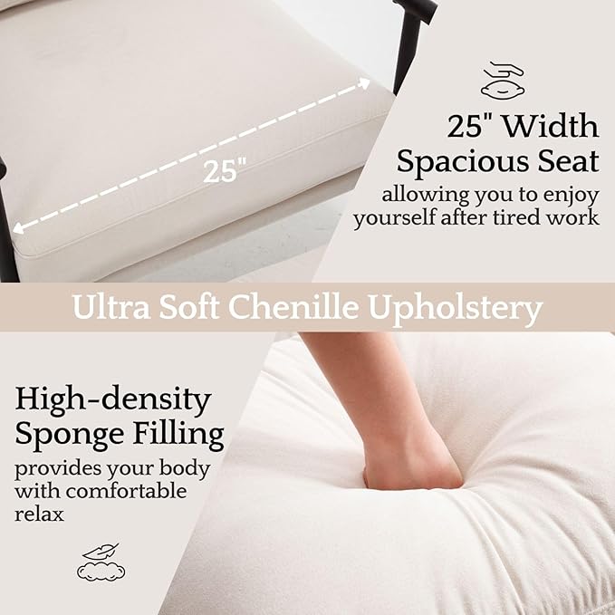 LukeAlon Mid-Century Chenille Accent Chair with Ottoman, Soft Living Room Chair with Metal Legs Modern Upholstered Armchair Reading Nook Chair Lounge Leisure Chair with Footstool for Bedroom, Beige
