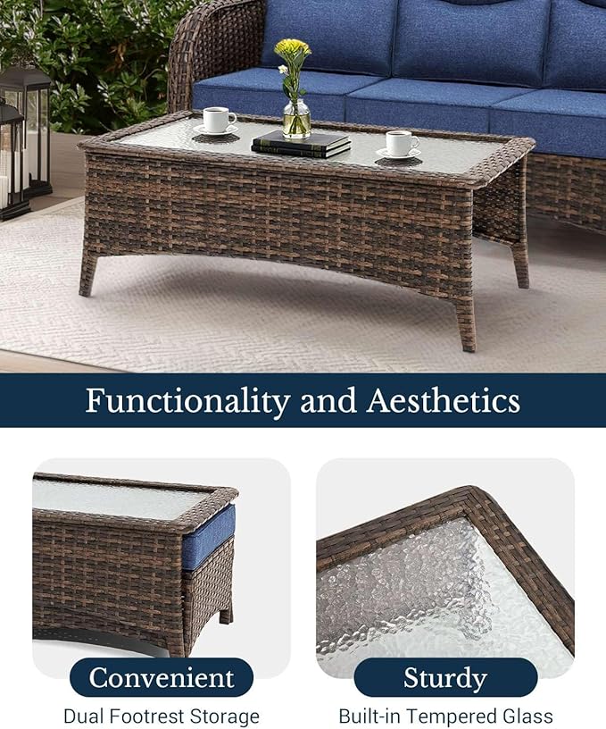 HILLGA Luxury Patio Furniture Set with 6-Inch Thick Cushions, High Back Outdoor Swivel Rocker Chairs and Patio Couch, 6-Piece All Weather Conversation Set for Porch Deck Pool Yard, Blue (V3)