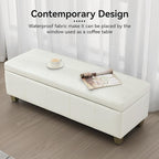51" Faux Leather Storage Ottoman, Stitch Tufted Rectangle Upholstered End of Bed Storage Bench, Entryway Large Couch Ottoman with Wooden Legs,White