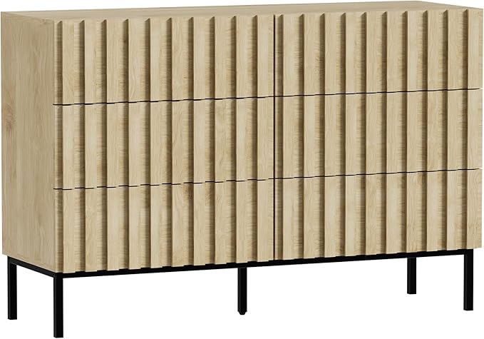 UEV Fluted Dresser for Bedroom with 6 Drawers, 47" Wide Large Chest of Drawers with Metal Stand, Mid-Century Wooden Dresser TV Stand, Closet Storage Organizer for Living Room, Hallway (Ivory White)