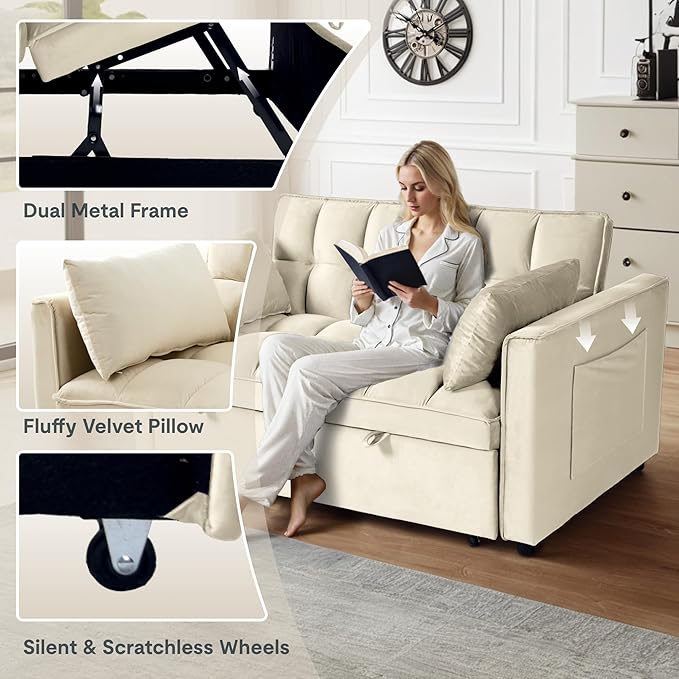 FLEXISPOT XCT4 Pull Out Couch for Small Spaces, 3-in-1 Convertible Loveseat Sofa Bed with Adjustable Backrest, Compact Futon Sofa Bed Twin Sleeper Loveseat for Apartment Dorm RV Guest Room,Cream