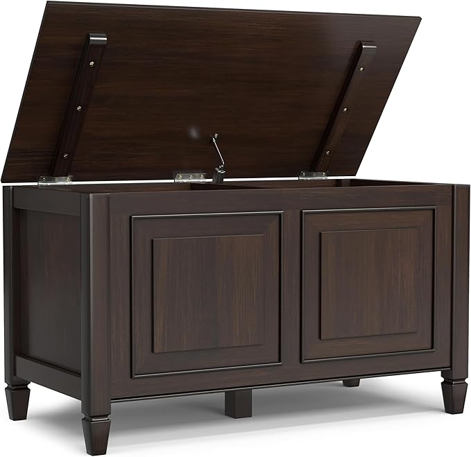 SIMPLIHOME Connaught Entryway Storage Bench - 36 inch Wide Solid Wood Small Storage Trunk Seat in Chestnut Brown, Traditional Bench for Entryway or Living Room with Lift-Up Lid and Paneled Front