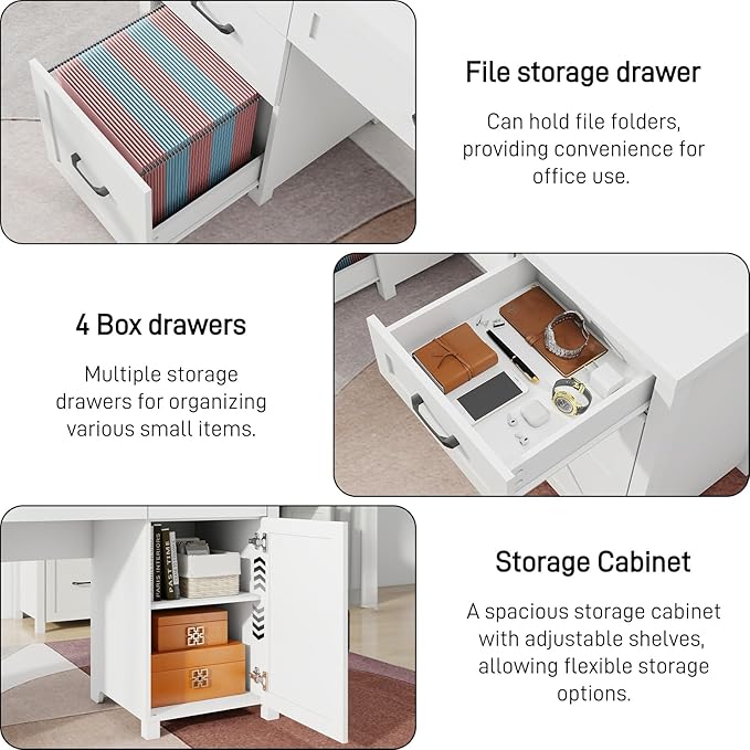 Farmhouse 61'' Executive Desk with 5 Drawers, Rustic Office Desk Computer Desk with Charging Station, File Drawers and Storage Cabinet, Wood Workstation for Study and Home Office,(Cream White.)