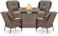 Outdoor Patio Chairs with Fire Pit Table 5 Piece Set - High Back Brown Wicker Rattan Lawn Chair with Thick Cushion for Porch Apartment Deck Yard Poolside Garden - Grey